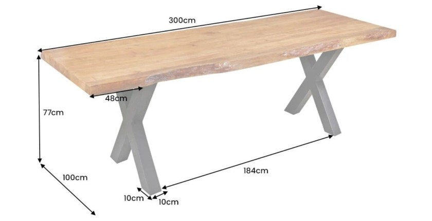 Table ARKAYA bois d'acacia 300cm plateau 55mm dimensions