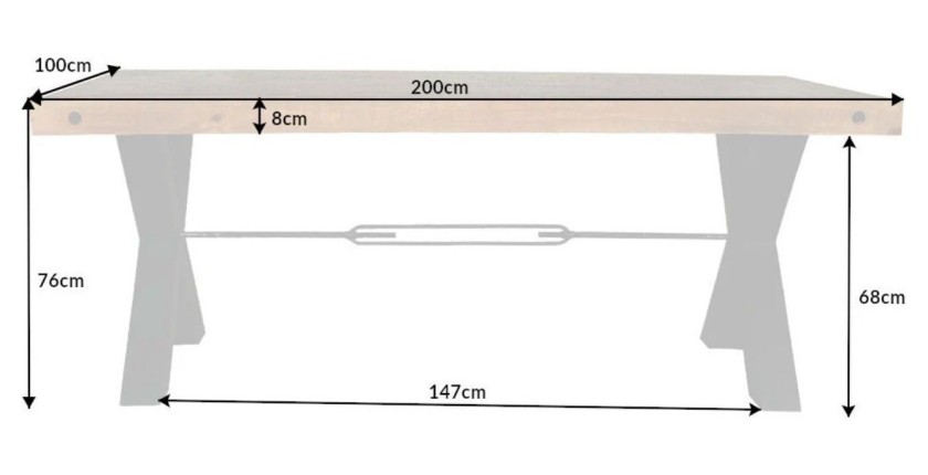 Table CAVARA en bois de pin 200cm avec pieds en X dimensions