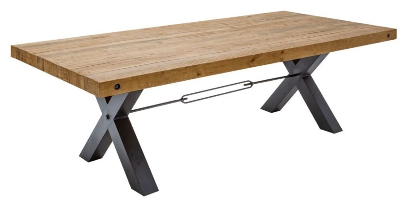 Table CHRIS – Bois de pin recyclé verni et métal noir – 200 cm – Plateau épais 80 mm – Style industriel