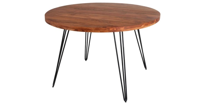 Table de salle à manger TALOA – Bois massif d’acacia et métal noir – 120 cm – Plateau épais 45 mm – Style industriel