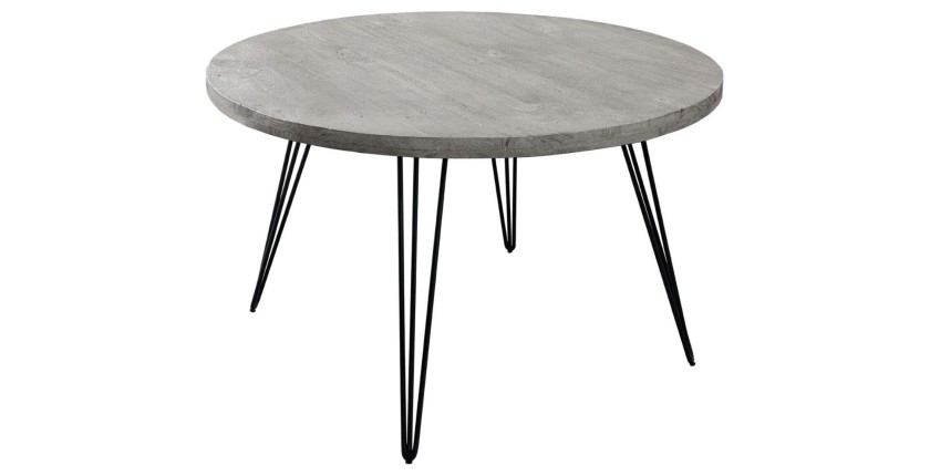 Table de salle à manger TALOA – Bois de manguier gris et métal noir – 120 cm – Forme ronde – Style contemporain