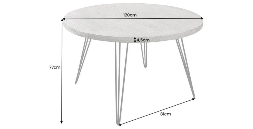 Table de salle à manger TALOA – Bois de manguier gris et métal noir – 120 cm – Forme ronde – Style contemporain