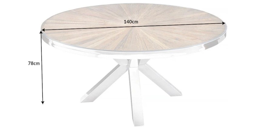 Table RAFTA – Bois de teck et verre trempé – Pied chromé – 140 cm – Ronde – Style contemporain