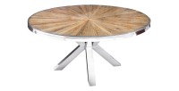 Table RAFTA – Bois de teck et verre trempé – Pied chromé – 140 cm – Ronde – Style contemporain