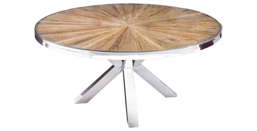 Table RAFTA – Bois de teck et verre trempé – Pied chromé – 140 cm – Ronde – Style contemporain