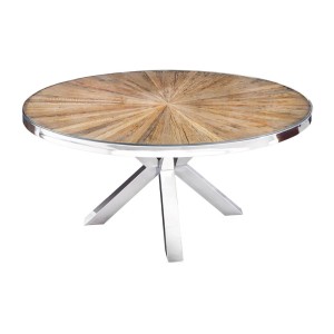 Table RAFTA – Bois de teck et verre trempé – Pied chromé – 140 cm – Ronde – Style contemporain