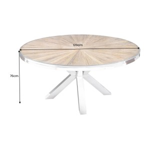 Table de salle à manger RAFTA – Bois de teck et verre trempé – Pied chromé – 120 cm – Ronde – Style contemporain