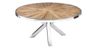 Table de salle à manger RAFTA – Bois de teck et verre trempé – Pied chromé – 120 cm – Ronde – Style contemporain