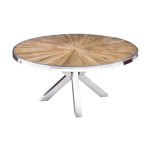 Table de salle à manger RAFTA – Bois de teck et verre trempé – Pied chromé – 120 cm – Ronde – Style contemporain