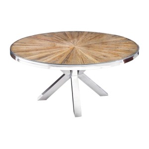 Table de salle à manger RAFTA – Bois de teck et verre trempé – Pied chromé – 120 cm – Ronde – Style contemporain