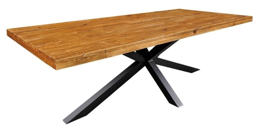 Table de salle à manger SOLARA – Bois de pin recyclé verni et métal noir – 240 cm – Style industriel