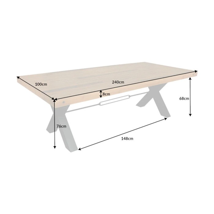 Table CAVARA bois de pin 240cm avec pieds en X dimensions