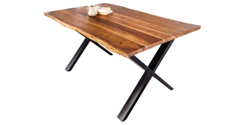 Table de salle à manger ARKAYA – Bois massif d’acacia verni et pieds en métal noir en X – 160 cm – Style industriel