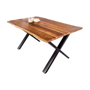 Table de salle à manger ARKAYA – Bois massif d’acacia verni et pieds en métal noir en X – 160 cm – Style industriel