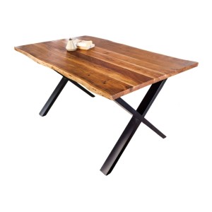 Table de salle à manger ARKAYA – Bois massif d’acacia verni et pieds en métal noir en X – 160 cm – Style industriel