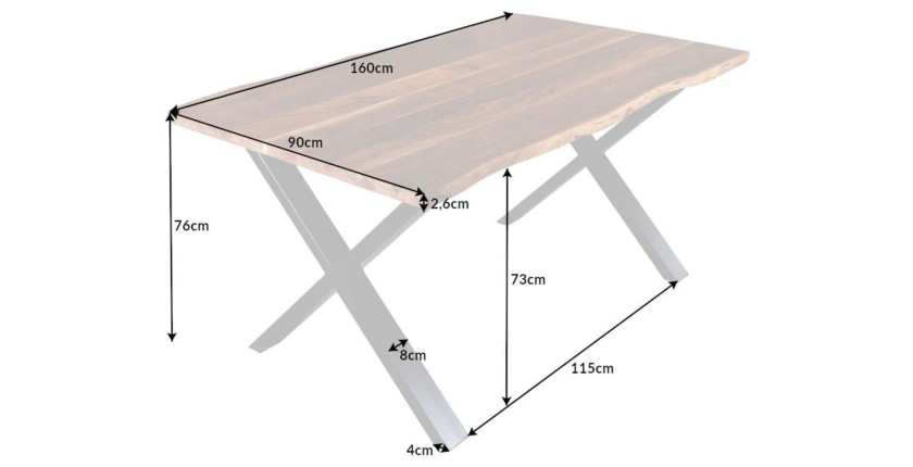 Table de salle à manger ARKAYA – Bois massif d’acacia verni et pieds en métal noir en X – 160 cm – Style industriel
