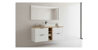 Ensemble de salle de bain NOXERA 140 cm – Meuble sous vasque suspendu blanc alpin avec plan vasque chêne clair et niches ouverte