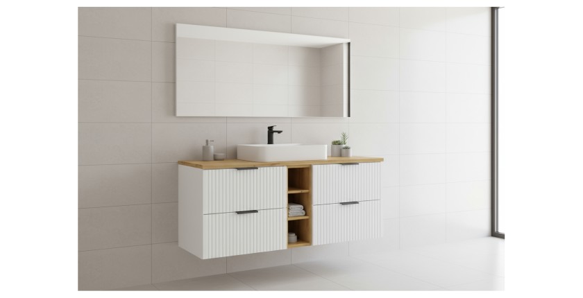 Ensemble de salle de bain NOXERA 140 cm – Meuble sous vasque suspendu blanc alpin avec plan vasque chêne clair et niches ouverte