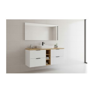Ensemble de salle de bain NOXERA 140 cm – Meuble sous vasque suspendu blanc alpin avec plan vasque chêne clair et niches ouverte