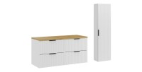 Ensemble de salle de bain NOXERA 120 cm – Meuble sous vasque suspendu blanc alpin avec plan vasque chêne clair et colonne murale