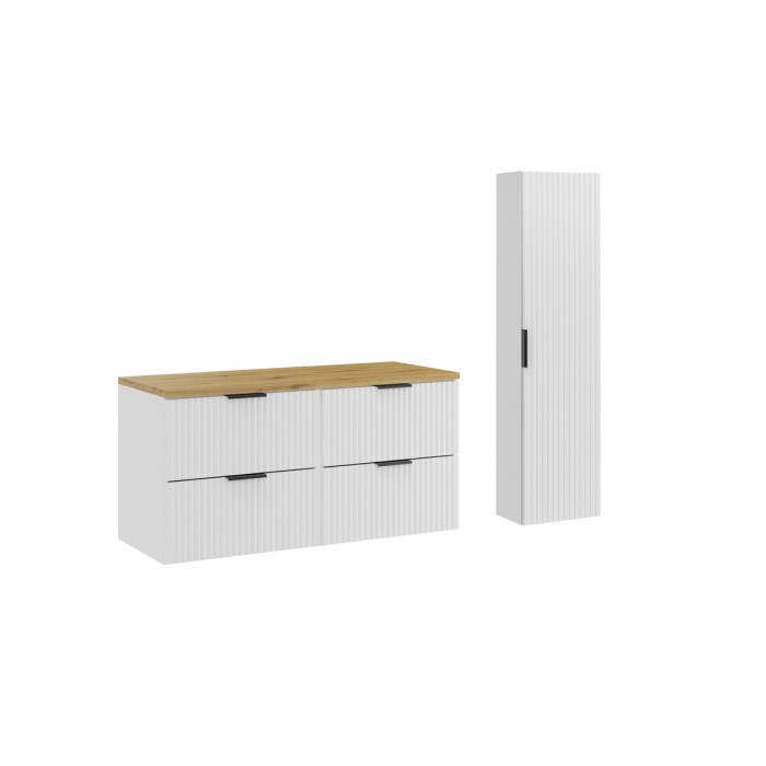 Ensemble de salle de bain NOXERA 120 cm – Meubles sous vasque suspendus blanc alpin avec plan pour vasque chêne et colonne mural