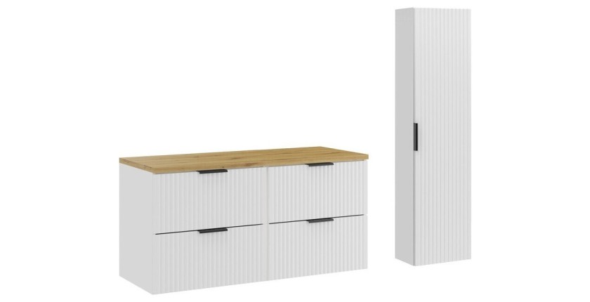 Ensemble de salle de bain NOXERA 120 cm – Meuble sous vasque suspendu blanc alpin avec plan vasque chêne clair et colonne murale