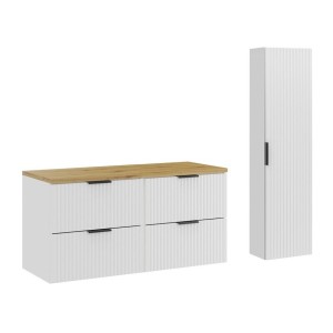 Ensemble de salle de bain NOXERA 120 cm – Meuble sous vasque suspendu blanc alpin avec plan vasque chêne clair et colonne murale