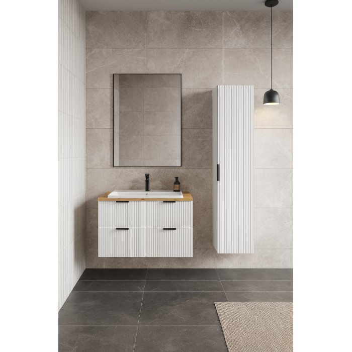 Ensemble de salle de bain NOXERA 120 cm – Meubles sous vasque suspendus blanc alpin avec plan pour vasque chêne et colonne mural