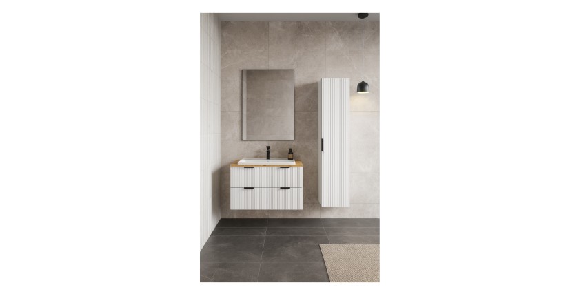 Ensemble de salle de bain NOXERA 120 cm – Meuble sous vasque suspendu blanc alpin avec plan vasque chêne clair et colonne murale