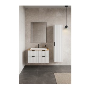 Ensemble de salle de bain NOXERA 120 cm – Meuble sous vasque suspendu blanc alpin avec plan vasque chêne clair et colonne murale