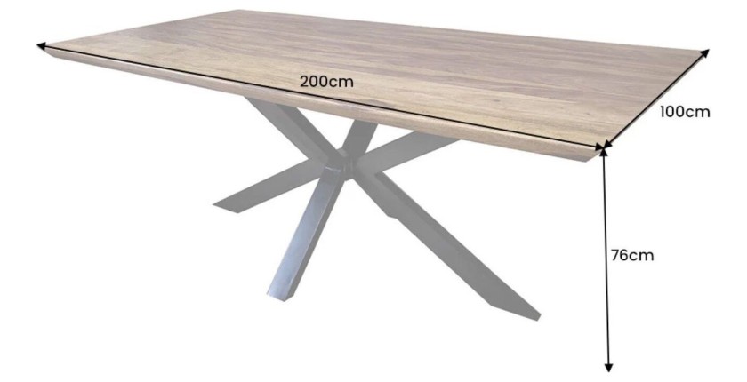 Table SOLARA 200 cm – Plateau en bois de Sheesham verni et pieds en métal noir – Style industriel