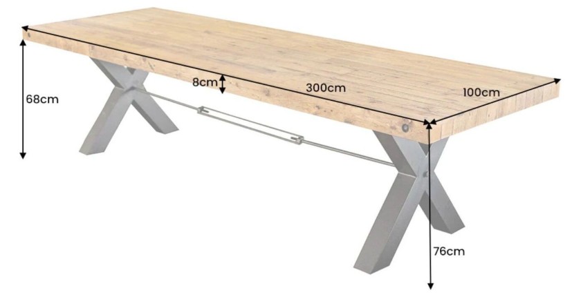 Table CAVARA en bois de pin 300cm avec pieds en X dimensions