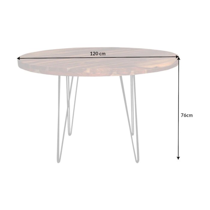 Eettafel ORBO 120 cm – Blad van gelakt Sheesham hout en zwarte metalen poten – Industriële stijl