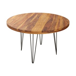 Table de salle à manger ORBO 120 cm – Plateau en bois de Sheesham verni et pieds en métal noir – Style industriel