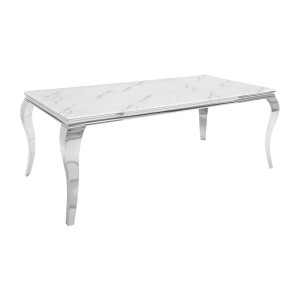 Table VELENA 200 cm – Plateau en verre effet marbre blanc – Structure en acier argenté