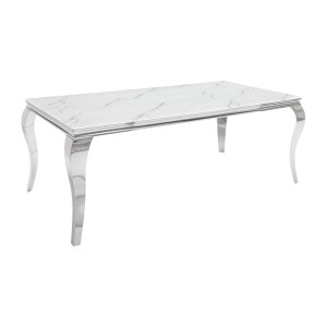 Table de salle à manger VELENA 180 cm – Plateau en verre effet marbre blanc – Structure en acier argenté