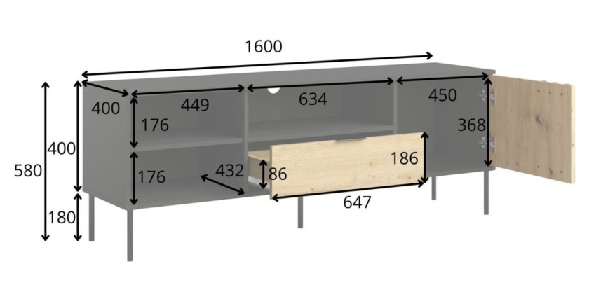 Meuble TV design IZO – Noir onyx & Chêne clair – 160x58x40 cm