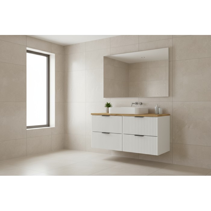 Ensemble de salle de bain NOXERA 120 cm – Meubles sous vasque suspendu blanc alpin avec plan pour vasque coloris chêne clair