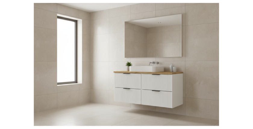 Ensemble de salle de bain NOXERA 120 cm – Meuble sous vasque suspendu blanc alpin avec plan vasque coloris chêne clair