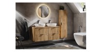 Ensemble de salle de bain NOXERA 120 cm – Chêne wotan – Double vasque, colonne et miroir LED