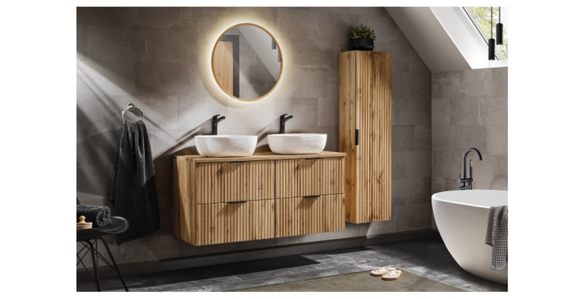 Ensemble de salle de bain NOXERA 120 cm – Chêne wotan – Double vasque, colonne et miroir LED
