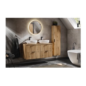 Ensemble de salle de bain NOXERA 120 cm – Chêne wotan – Double vasque, colonne et miroir LED
