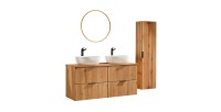 Ensemble de salle de bain NOXERA 120 cm – Chêne wotan – Double vasque, colonne et miroir LED
