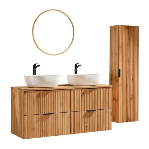 Ensemble de salle de bain NOXERA 120 cm – Chêne wotan – Double vasque, colonne et miroir LED
