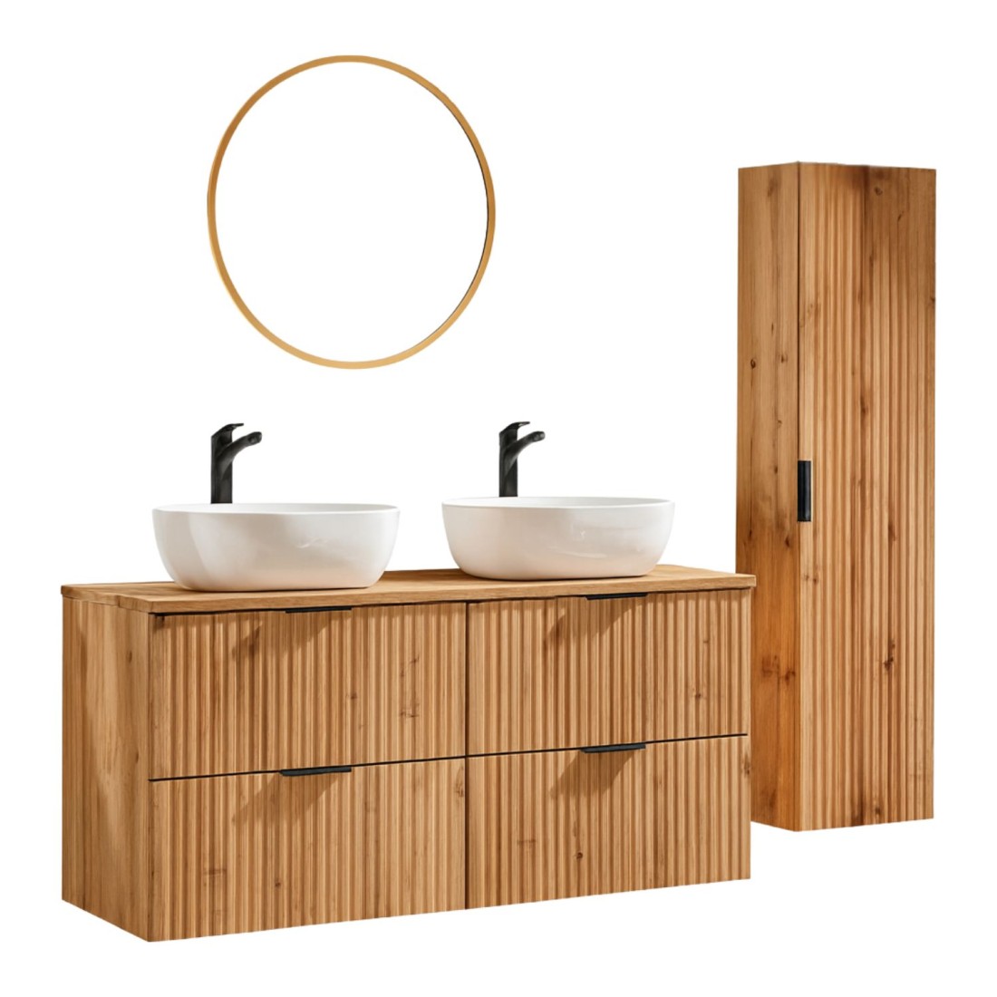 Ensemble de salle de bain NOXERA 120 cm – Chêne wotan – Double vasque, colonne et miroir LED