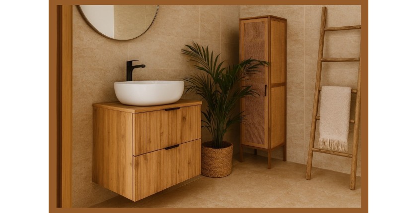 Ensemble de salle de bain NOXERA 60 cm – Chêne wotan – Meuble sous vasque avec plan pour vasque et vasque