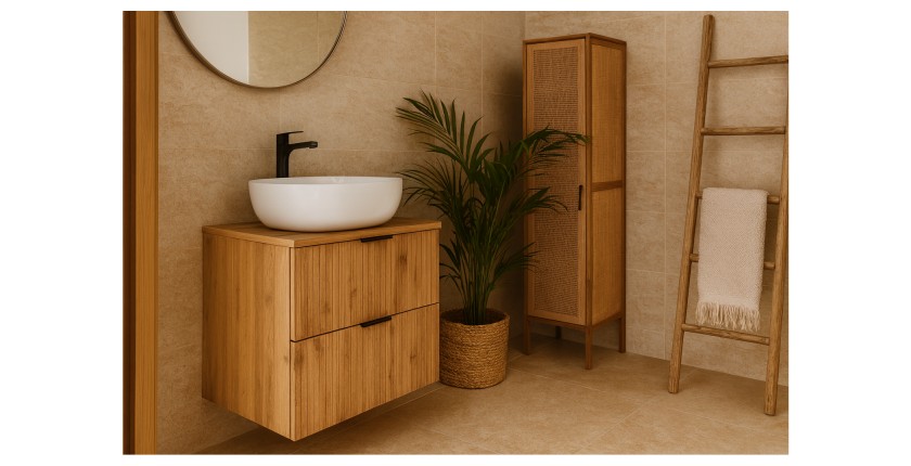 Ensemble de salle de bain NOXERA 60 cm – Chêne wotan – Meuble sous vasque avec plan vasque et vasque