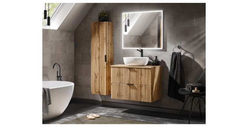 Ensemble de salle de bain NOXERA 80 cm – Chêne wotan – Meuble sous vasque avec vasque, miroir LED et colonne suspendue