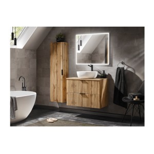 Ensemble de salle de bain NOXERA 80 cm – Chêne wotan – Meuble sous vasque avec vasque, miroir LED et colonne suspendue