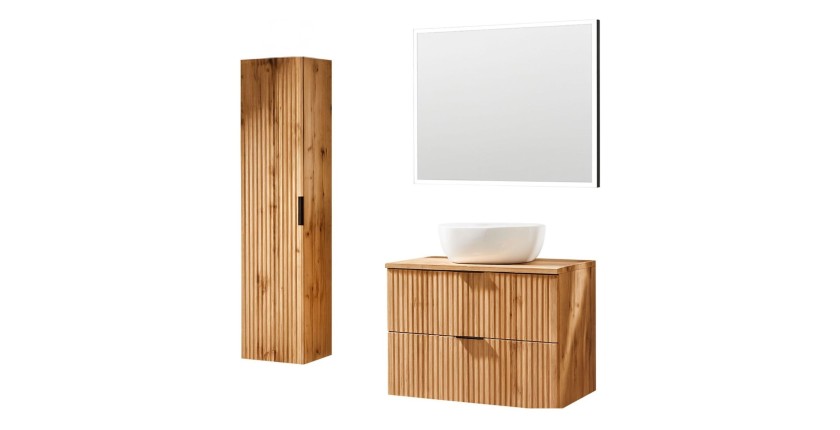 Ensemble de salle de bain NOXERA 80 cm – Chêne wotan – Meuble sous vasque avec vasque, miroir LED et colonne suspendue